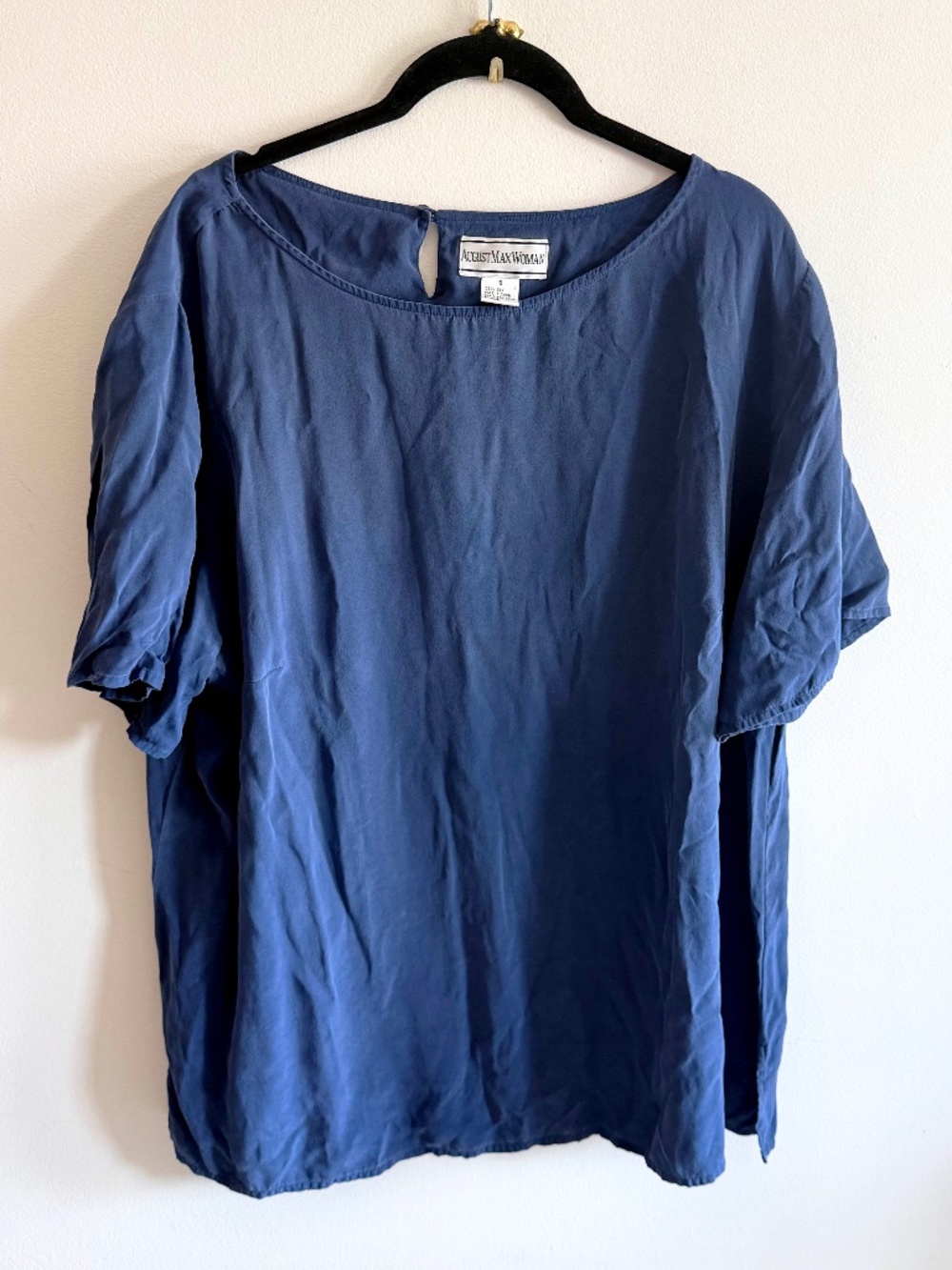 Vintage 100% Silk August Max Woman Navy Blue Blouse Size 18 Office Summer Top